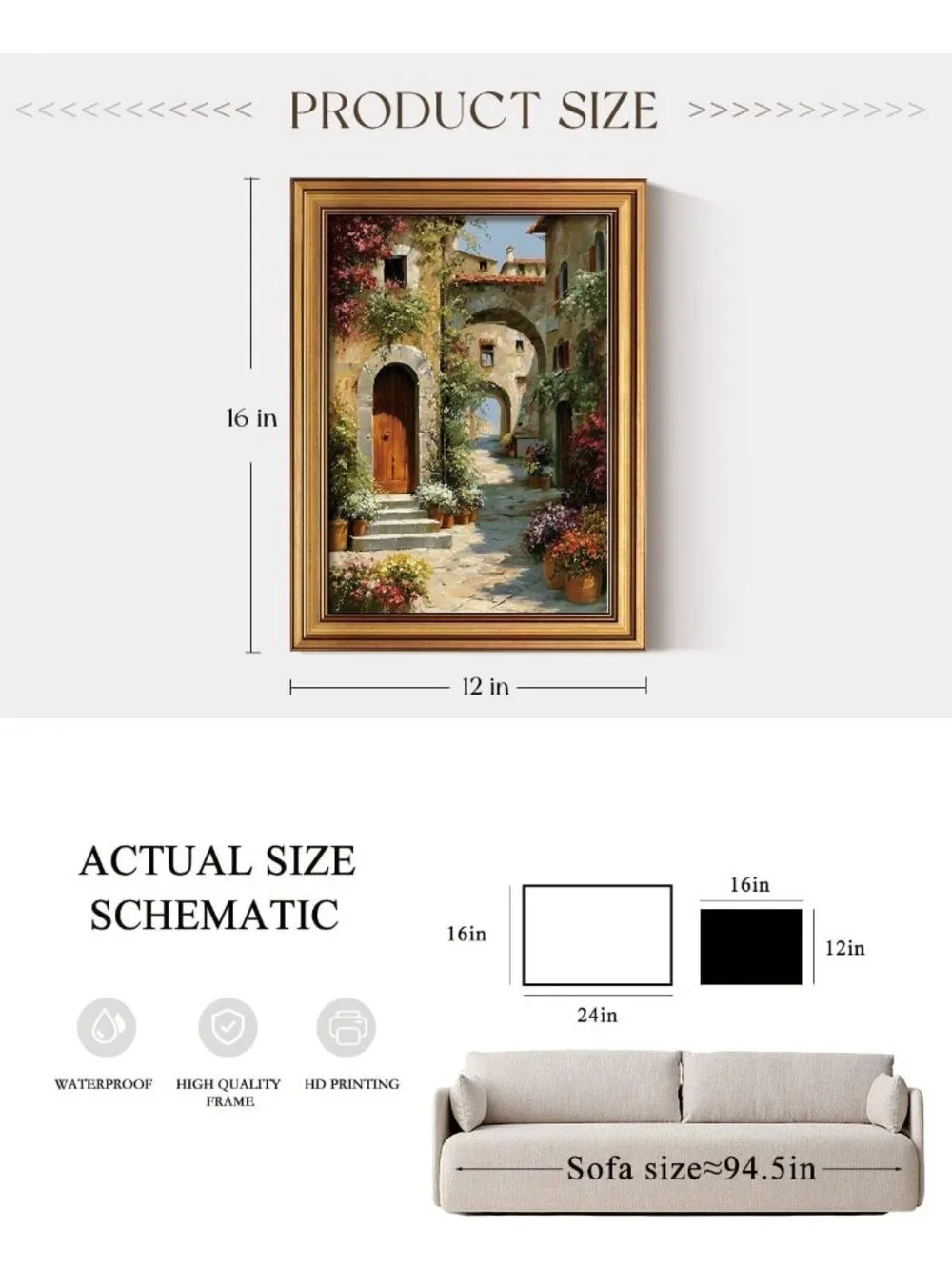 Gold Framed Mediterranean Village Canvas Art - 16x12 Inch Tuscan Landscape Decor